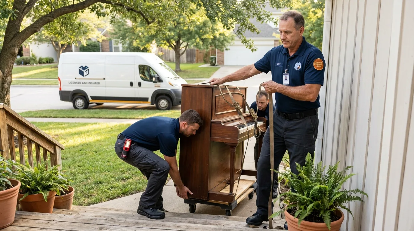 Licensed piano movers securing grand piano in Garden City, KS