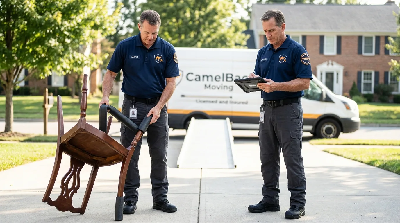 Movers inspecting furniture for damage prevention before loading in Garden City, KS