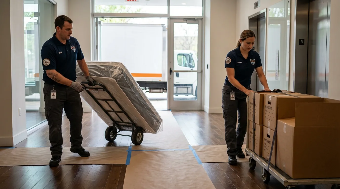 Professional apartment movers loading elevator in Garden City, KS
