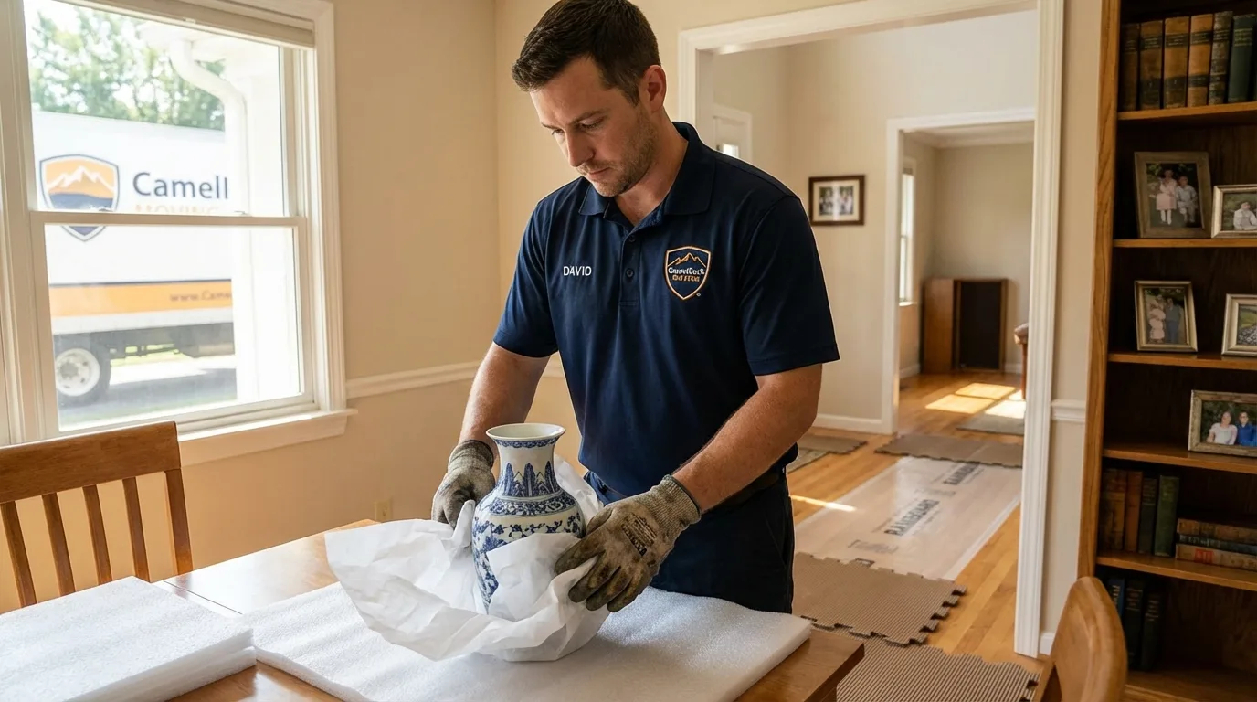 Professional crew carefully wrapping antique vase for senior downsizing move in Garden City, KS