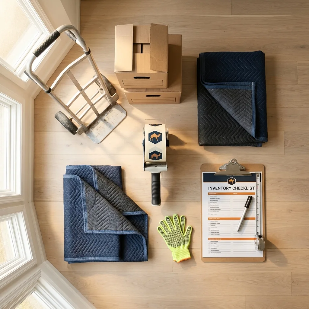 Professional moving supplies and packing materials layout for Garden City residential relocations